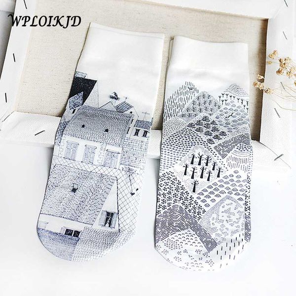 

wploikjd]art print house scenery harajuku socks creative japanese ankle socks women skarpetki calcetines mujer meias feminino, Black;white