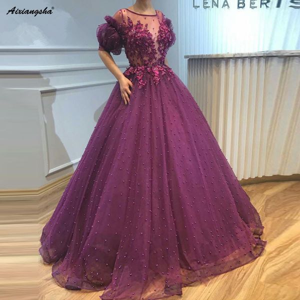 

purple long evening gown lace pearls dubai kaftan saudi arabic elegant formal dress short sleeves muslim evening dresses 2019, White;black