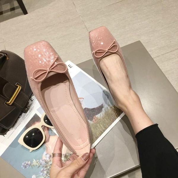 

2020 korean modal square head shallow mouth flat shoes for women sequins large size loafers, Black