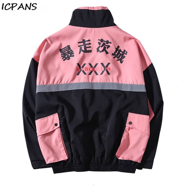 

icpans side pockets 3m reflective windbreaker track jackets streetwear mens 2019 hip hop full zip stripe coats fashion male, Black;brown