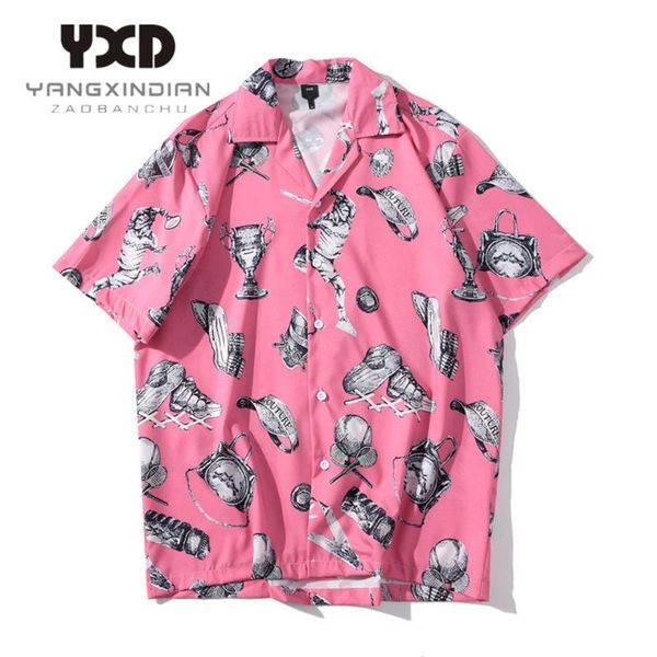 

men's casual shirts harajuku style man fashion print shirt 2021 summer beach plus size hip-hop short sleeve holiday camisas for men, White;black
