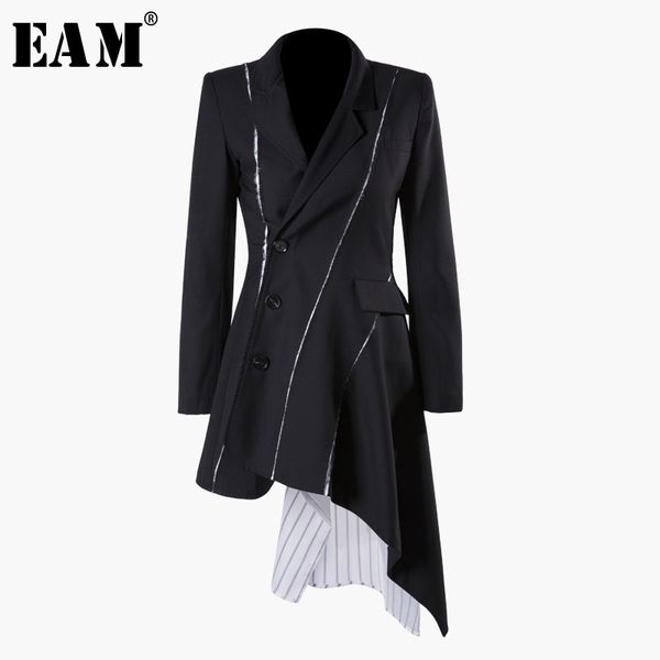 

eam] 2019 new autumn winter lapel long sleeve black striped irregular button split joint loose jacket women coat fashion jq681, Black;brown