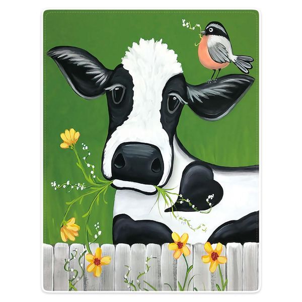 

blanket comfort warmth soft plush throw cow bird wooden fence green