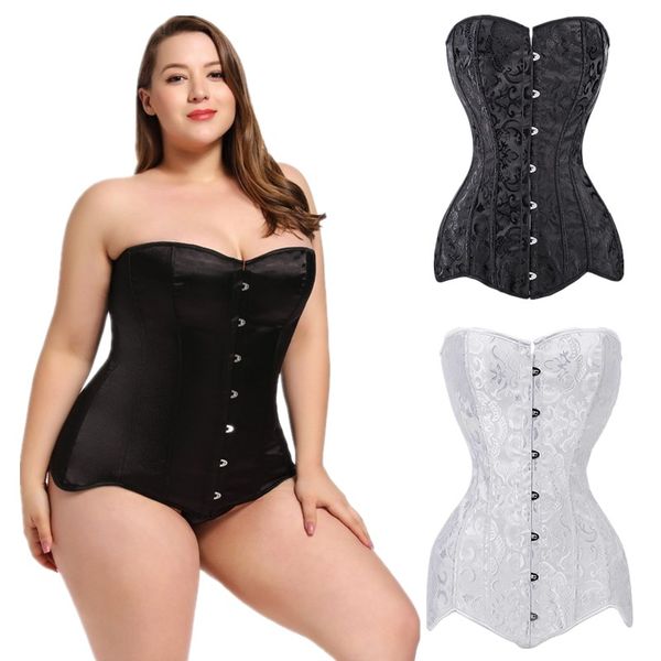 

steel boned longline corset women's lingerie brocade jacquare overbust clubwear plus size padded lace-up bustier corset s-6xl, Black;white
