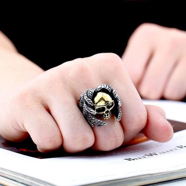 

lmikni vintage men's stainless steel gothic ring punk hiphop cross feather skull rings for men 2019 jewelry accessories gift, Silver