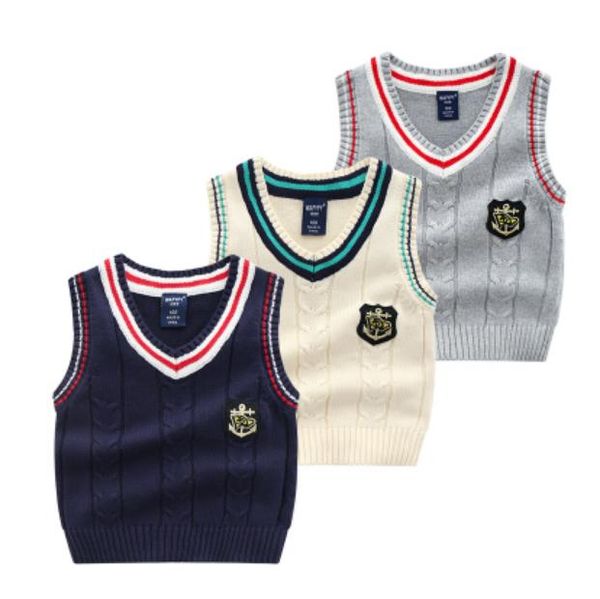 

baby boys clothes knitted sweater vest v-neck sleeveless cotton school style sweaters roupas infantis menina kids wear, Blue