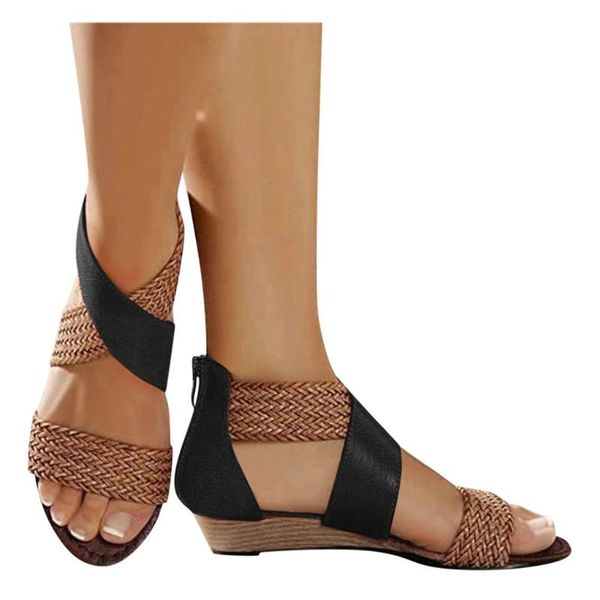 

2020 new fish mouth leather sandals women weave wedge heel shoes zipper sandals casual beach roman shoes chaussure femme, Black