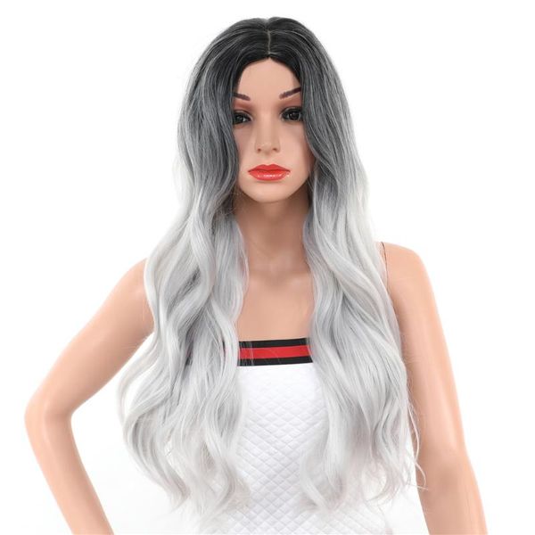 

30 inch ombre wig middle part high temperature fiber synthetic hair 1b/grey white long wavy body wave wigs for women cosplay, Black