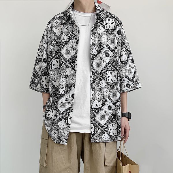 

men's casual shirts 5xl 4xl plus size loose shirt men fashion 2021 summer short sleeve floral for all match streetwear, White;black