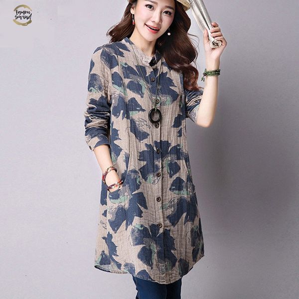 

autumn new fashion floral print cotton linen blouses casual long sleeve shirt women plus size women with pockets xxl, White