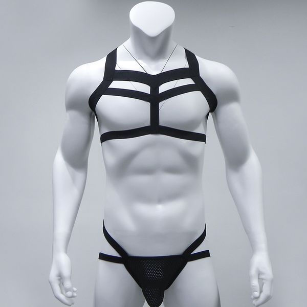 

men's costumes gay night club wear nylon bondage underwear thongs g string halter neck body chest harness male lingerie set, Black