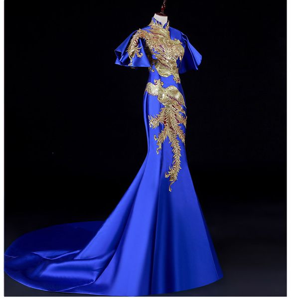 

2020 роскошное синий красный вышивка тонкого китайское платья cheongsam платья улучшена красной водолазка backless невеста платье невеста ру, White;black