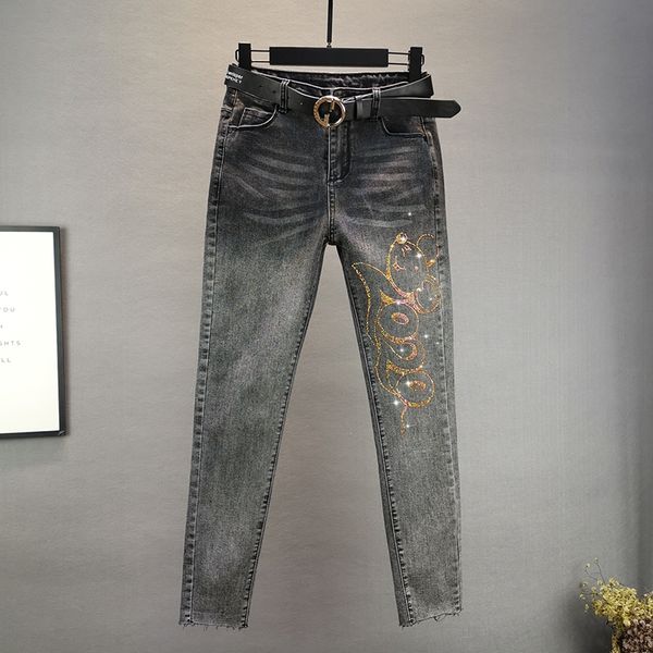 

women's 2020 new smoke black stretch slim slimming rhinestone feet pants, Blue