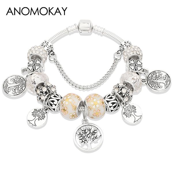 

anomokay round tree of life pendant charm bracelet silver flower tree bead bracelet white crystal diy jewelry gift, Golden;silver