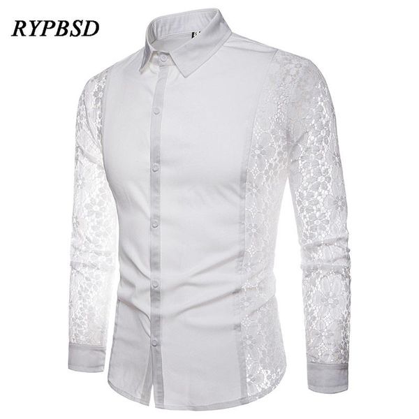 

2018 new autumn black white patchwork lace shirt men transparent party long sleeve dress shirts camisa social masculina