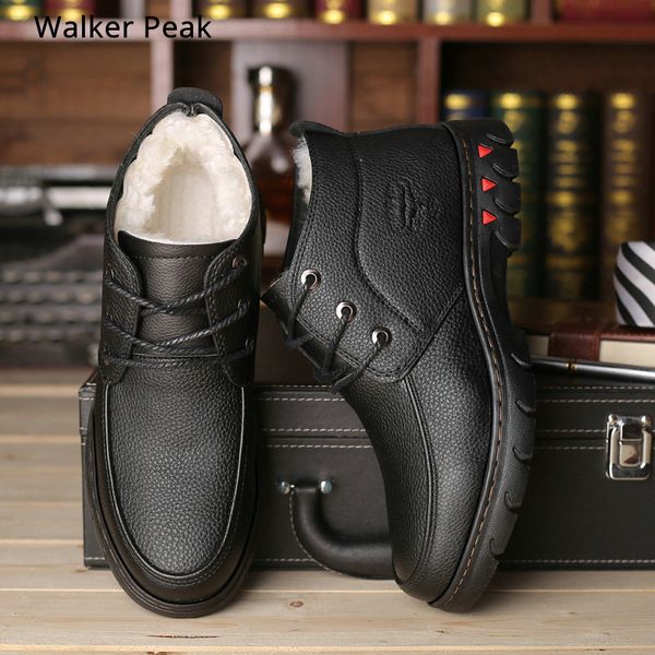 

winter men's boots male genuine leather ankle boots warm plush snow waterproof outdoor work men shoes botas hombre, Black