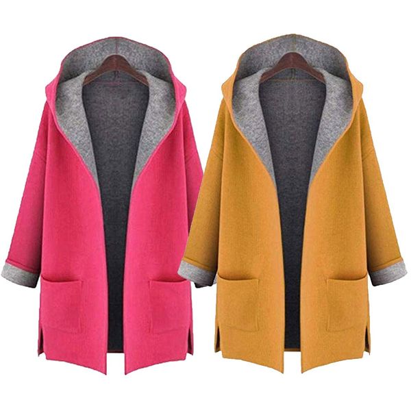 

2018 women's fahion plus size 4xl-5xl wool coat jacket medium long large size loose front open coat coats yellow,pink colors, Black