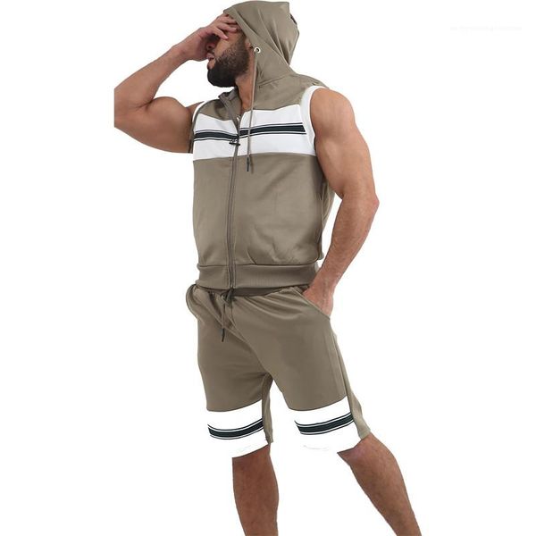

sleeveless hooded cardigan fitness two piece shorts casual men sports sets summer mens designer tracksuits striped, Gray