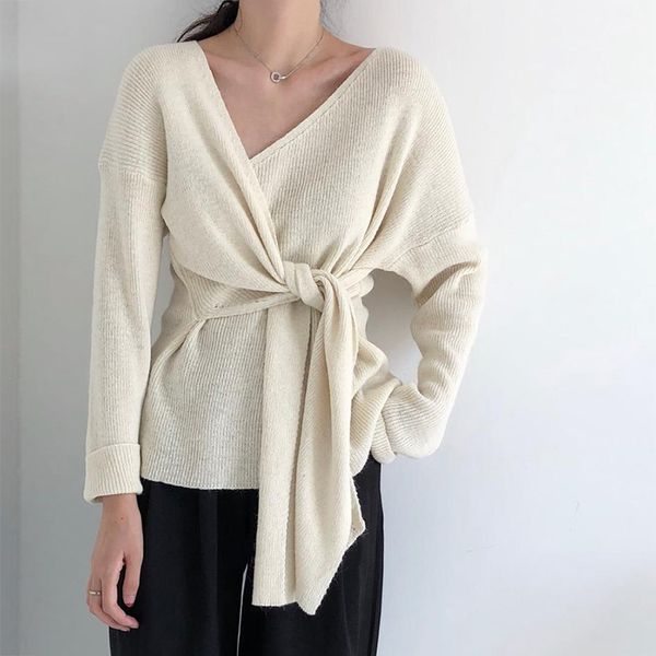 

olome 2019 fashion knot chic cozy sweater women irregular neck long sleeve knitted pullover sweater elegant ladies jumpers, White;black