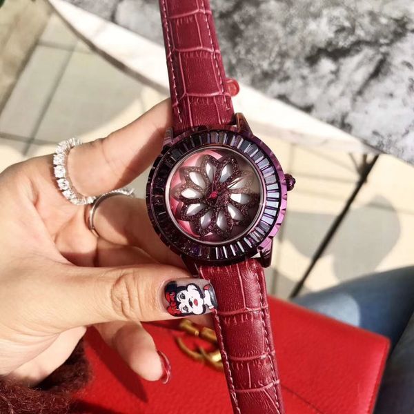 

delicate lovely daisy flower spinning watches for women pretty noble purple crystals watch good luck rotating quartz wrist watch, Slivery;brown