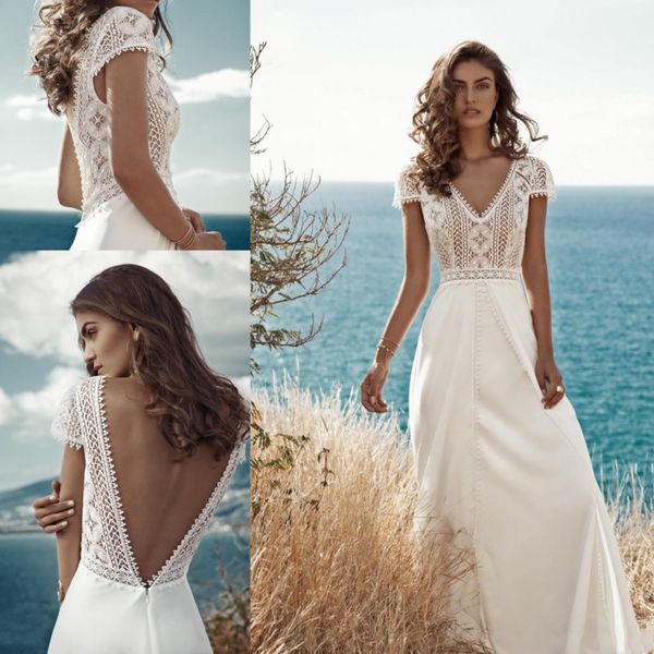 

bohemian beach lace wedding dresses v neck backless satin sweep train bridal gowns plus size robe de mariÃ©e, White