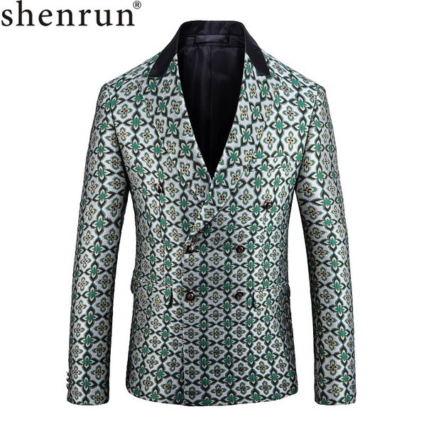 

shenrun men fashion blazer double breasted jacket green floral pattern groom suit jackets party prom stage costume, White;black