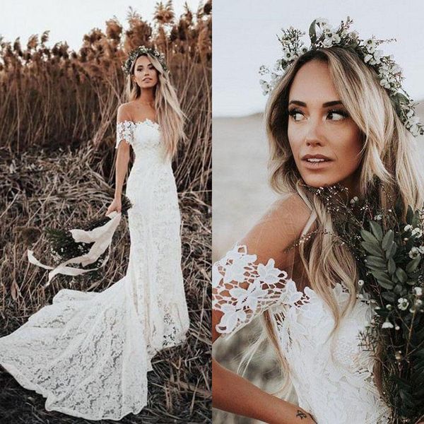 

elegant boho lace mermaid wedding dresses off the shoulder short sleeves bridal dresses beach wedding gowns sweep train, White