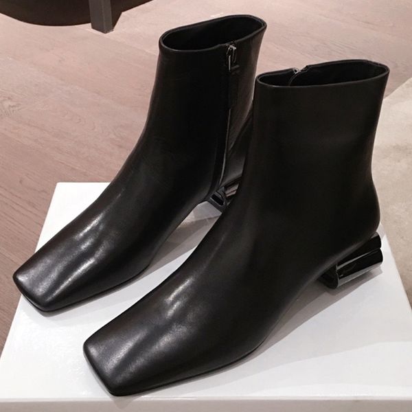 

brand design solid square heel women boots high qulaity genuine leather female shoes ankle zipper boots, Black