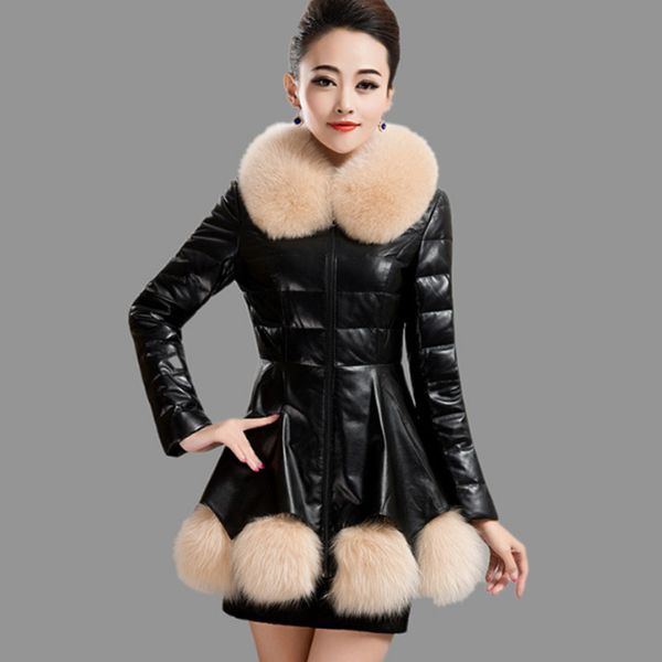 

new women's leather cotton coat women's long section fur one thick large size leather coat warm fashion, Black