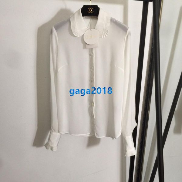 

high end женщины девушки шелковая рубашка пэчворк плиссировать деталь лацкан шеи старинные с длинным рукавом тройник блузка взлетно посадочн, White