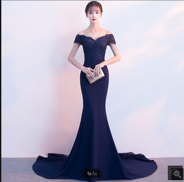 

2020 navy blue satin mermaid evening dress off the shoulder v neckline beaded sequins elegant party dresses court train evening gowns, Black;red