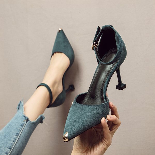 

beige high heels fine heeled shoes cat heels pointed pumps 2019 sandals ladies all-match lace-up slip om shallow mouth black
