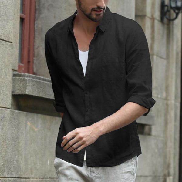 

Men Cotton Linen Short Sleeve Solid Color Shirts Casual Streetwear Fashion Formal Loose Blouse Soft Top 2019 NEW