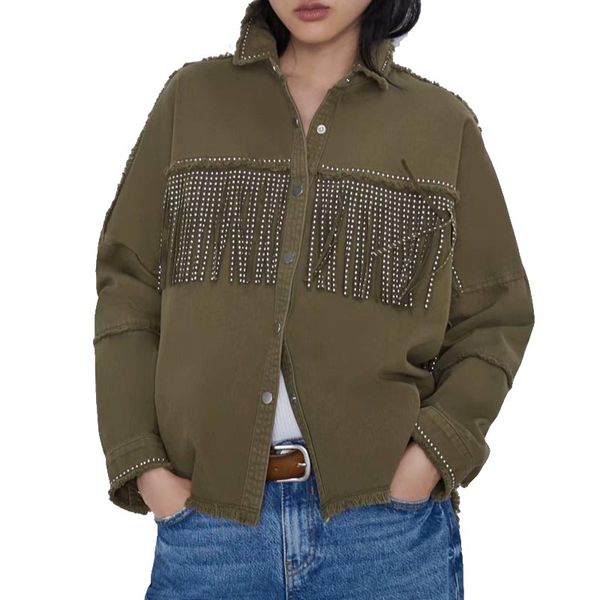 

wt931 women chic turn down collar ripped edge tiny rivet tassels deco cool jacket army black color autumn jackets outwear, Black;brown