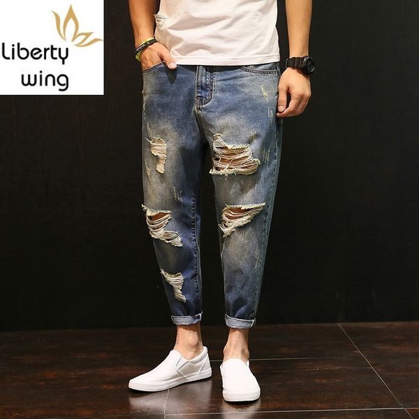 

summer hole casual jeans men loose thin ankle length beggar pants plus size college cowboy trousers hombre brand clothing, Blue
