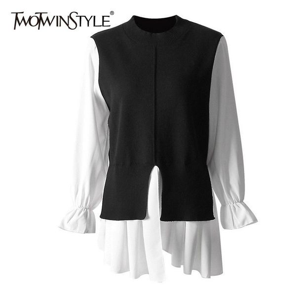 

twotwinstyle irregular sweater women o neck flare long sleeve hit colors patchwork pullover female 2019 spring fashion tide, White;black