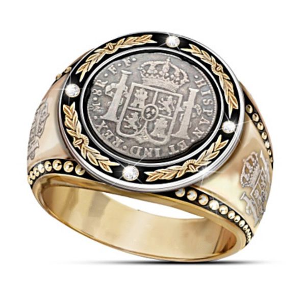 

fdlk classic retro male ring round inlaid with 4 zirconia crown lion olive branch pattern ring for men, Silver