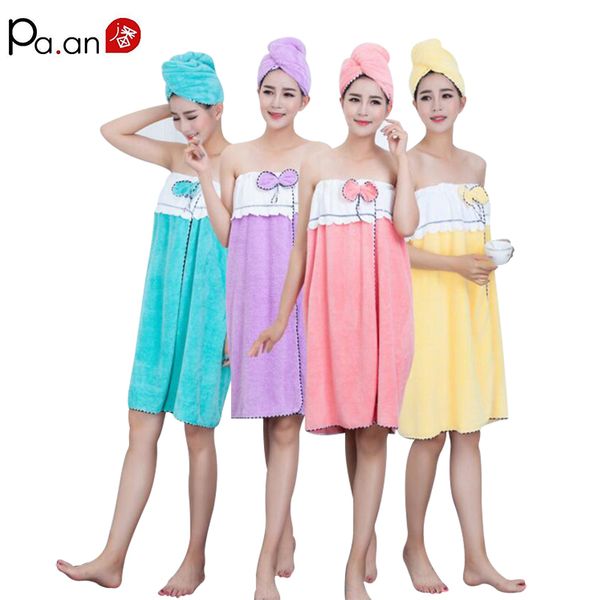 

women coral velvet bath towel hair cap set soft bowknot quick dry bathrobe wearable towels bathroom product home textile