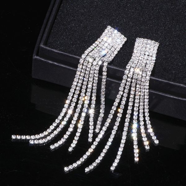 

new silver color rhinestone crystal long tassel earrings for women bridal drop dangling earrings brincos wedding jewelry wx006