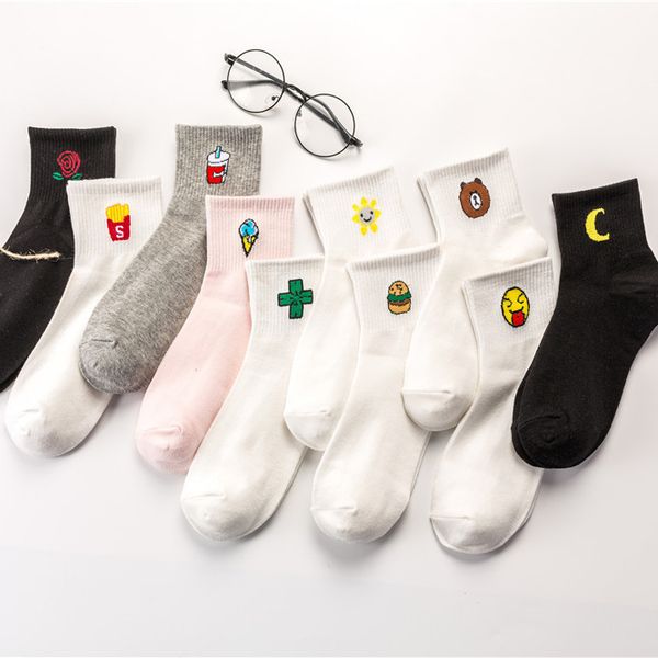 

sock female harajuku style funny cartoon fun tide socks cotton student sports white socks, Black;white