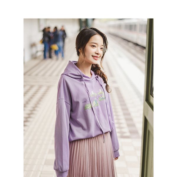 

инман весна осень хлопок blending твердого капюшон падение плечо рукав сыпучих cute печать женщина толстовка, Black