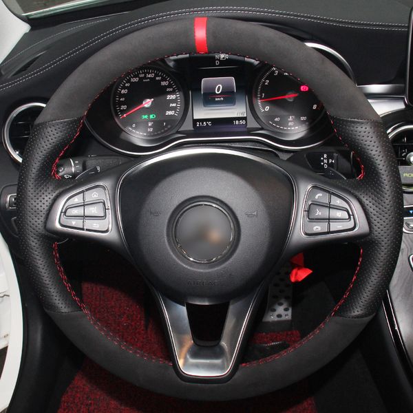 

black leather black suede red marker car steering wheel cover for mercedes benz c180 c200 c260 c300 b200