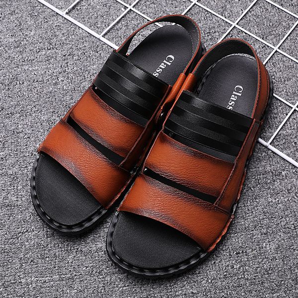 

summer male sandals men leather shoes slippers casual sandals soft bottom beach flat shoes for man size 38-44, Black