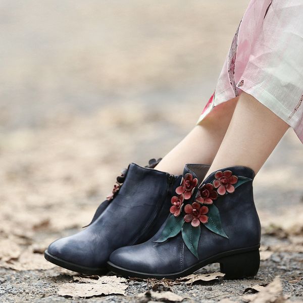 

cowhide flower side with coarse with woman boots genuine leather short boots, Black