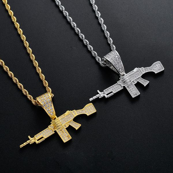 

brass cz gun shape pendants iced out hip hop necklace for men gold color silver color cn135