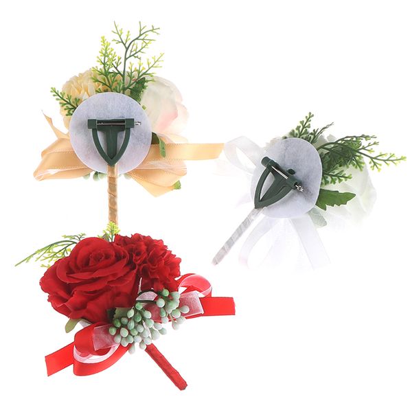 

red silk roses wrist corsage wedding boutonniere groomsman flower girl bridesmaid bracelet groom buttonhole marriage accessories