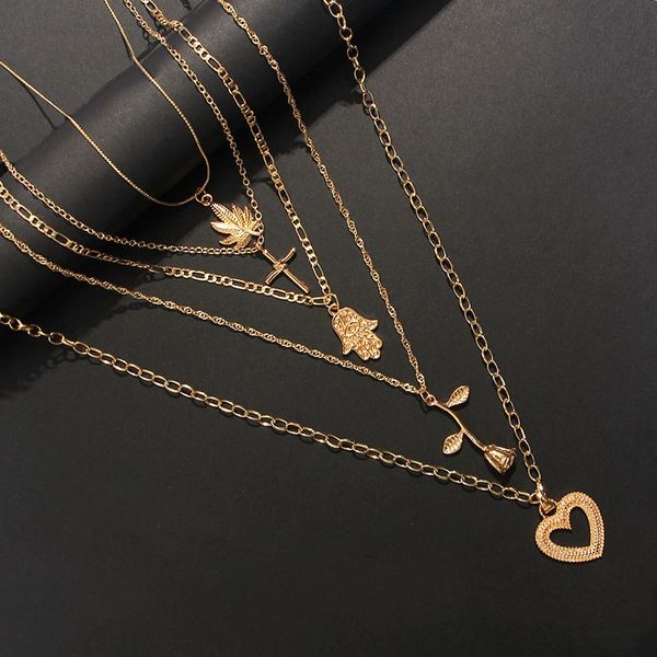 

just feel fashion leaf heart cross rose pendant necklace multilayer clavicle chain bohemian party necklace women wedding jewelry, Silver