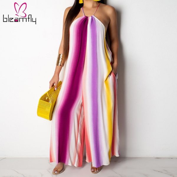 

off shoulder jumpsuit striped printed romper women spaghetti strap sleeveless wide leg loose playsuit summer female overall, Black;white