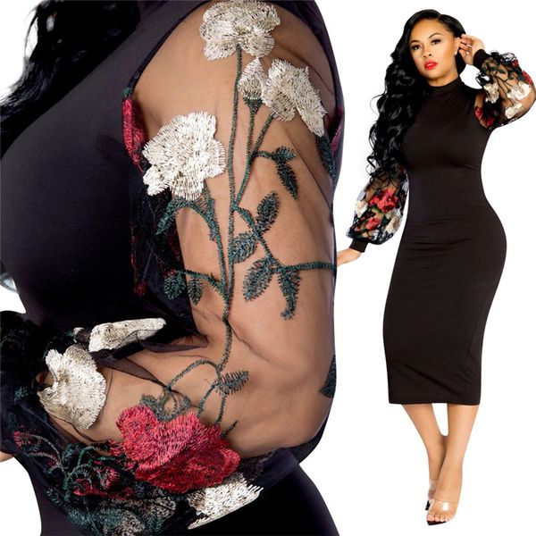 

floral embroidery womens designer dresses panelled elegant sheer puff sleeved high collar bodycon pencil dresses fashion women dresses, Black;gray