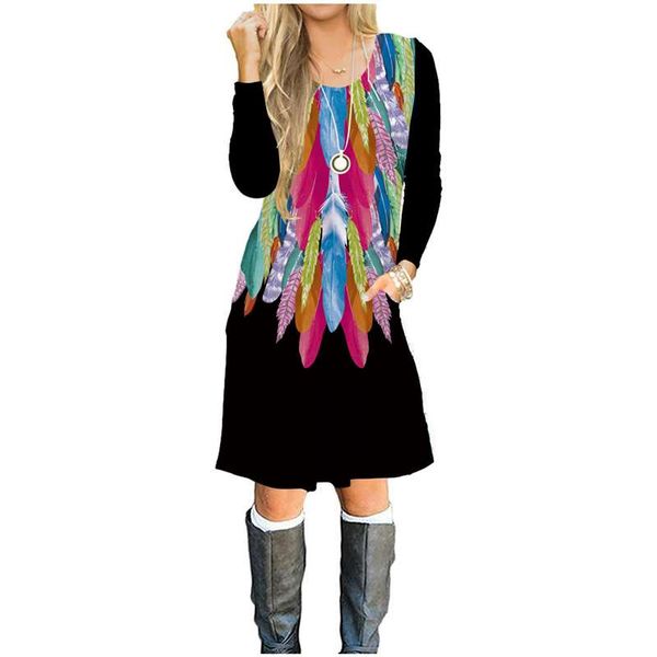 

uideazone ethnic elegent vestidos feather print vintage retro women long sleeve o-neck autumn casual robe with pockets dress, Black;gray